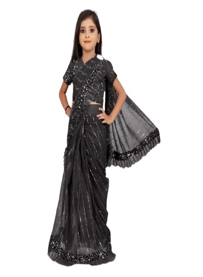 MEBBER Girl's Sequin Super Net Kids Saree Elegant Ethnic Wear for Girls Includes Stylish Separate Blouse Piece (Grey, 5-6 Years) - Image 1
